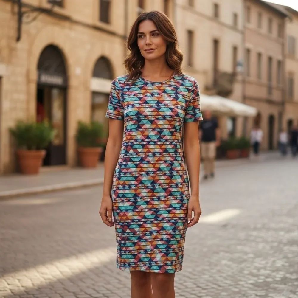 LuLaRoe Julia Geometric Tribal Bodycon T-Shirt Dress Stretch Knee Length XS 2/4